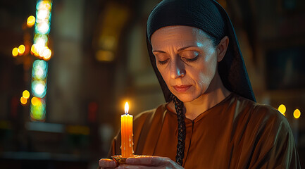 Wall Mural - Woman praying with candle, eyes closed in sadness generated by AI