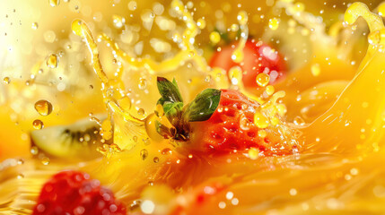 Poster - Vibrant Fruit Juice Splash with Suspended Droplets on Studio Background