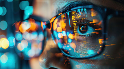 Aufkleber - Futuristic Financial Analysis Concept - Close-up of Eye with Digital Data Reflections on Glasses