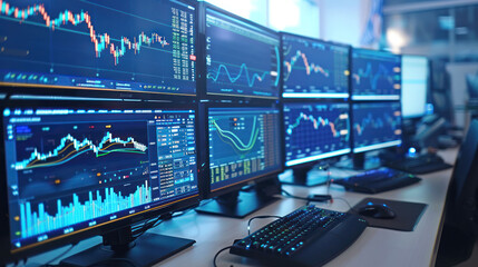 Aufkleber - Futuristic Trading Environment with Multiple Stock Graph Monitors