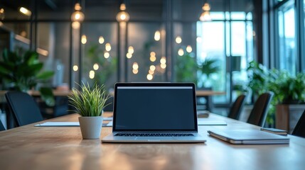 Fototapete - Laptop computer with opened lid on table in meeting room 