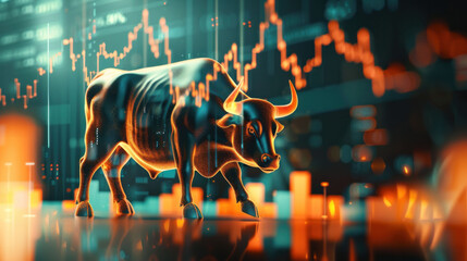Aufkleber - Bull Market Icon Surrounded by Financial Charts Analysis.