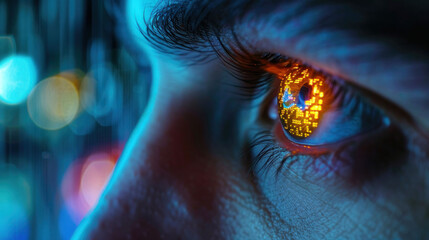Aufkleber - Intense Focus: Close-up of Stock Trader's Eye with Neon Financial Data Illuminating Screen