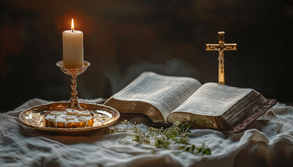 Poster - Reading the Bible by candlelight on rustic table generated by AI