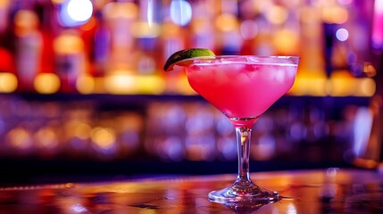 Sticker - a pink alcohol cocktail on the bar counter in a nightclub