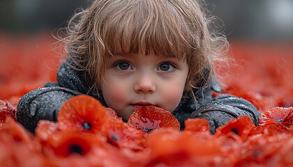 Wall Mural - Smiling child playing in wet autumn nature happiness generated by AI