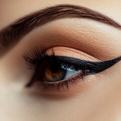 Close-up of an eye featuring dramatic eyeliner and defined lashes, showcasing beauty and artistry.