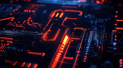 Poster - Digital Circuitry:  A mesmerizing close-up of a futuristic circuit board with glowing red and blue lines, evoking a sense of technological advancement and power.  
