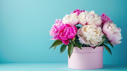 Wall Mural - Beautiful peonies in a paper box on blue background