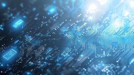 Poster - Digital Brain: Glowing circuitry forms an intricate technological landscape in shades of blue, symbolizing the power and complexity of modern computing. 
