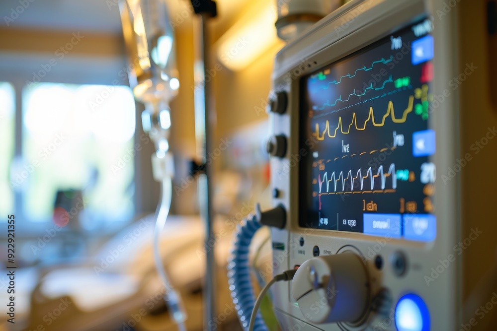 Heart monitor displaying vital signs in a hospital room during early ...