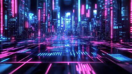 Wall Mural - Neon Metropolis: Embark on a mesmerizing journey through a futuristic cityscape, where vibrant neon lights illuminate towering skyscrapers and digital pathways