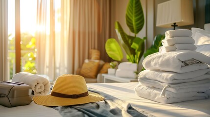 Wall Mural - Bright and sunny vacation hotel room with suitcases and clean towel service on the bed