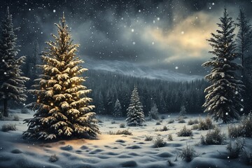 Wall Mural - Winter Forest with Illuminated Trees