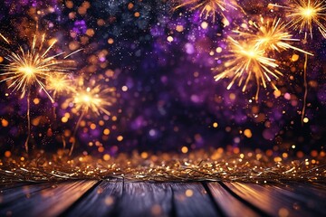 Wall Mural - Sparkling Fireworks on Wooden Floor with Glittering Background