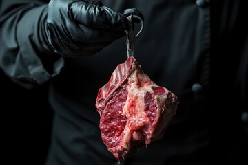 Raw steak on a meat hook in the hands of a chef. Meat. On a black background with generative ai