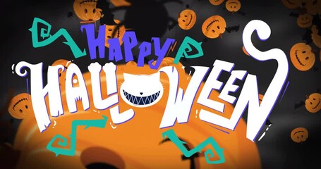 Wall Mural - Flying pumpkins and bats with Happy Halloween text animation