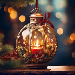 Wall Mural - A glowing lantern ornament with red candles and festive decorations inside, hanging on a Christmas tree. Perfect for holiday marketing campaigns or seasonal product promotions.