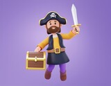 3D pirate character carries a treasure chest and holds a sword, 3D render