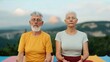 © Intelligent Horizons - Senior couple meditating together on yoga mats in a peaceful scenic mountain landscape with a deep depth of field  The image conveys a sense of tranquility wellness