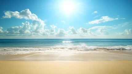 Wall Mural - Calm ocean with a sandy beach and bright summer sun overhead