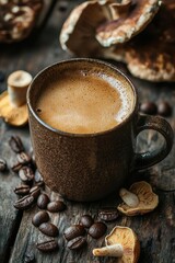 Wall Mural - Mushroom coffee on a rustic table 