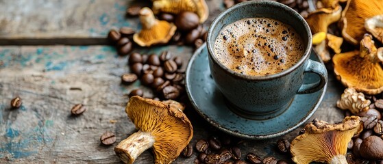 Wall Mural - Mushroom coffee on a rustic table 