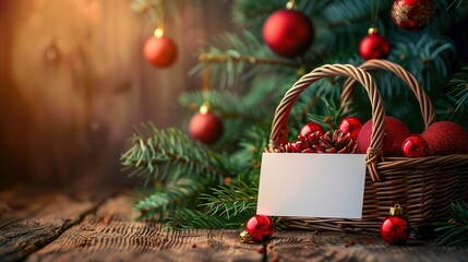 Christmas composition consisting of card for your text, Christmas tree branch and basket filled with red Christmas toys