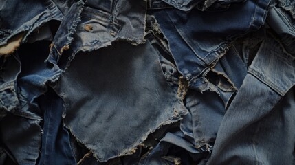 A collection of worn denim fabric scraps lies mixed together, showcasing various shades of blue and frayed edges.