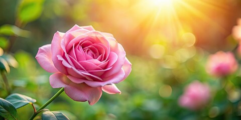 Pink rose in full bloom with soft sunlight and blurred background, Pink, Rose, Bloom, Soft, Sunlight, Blurred, Background