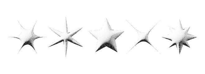 Poster - Black stippled star set. 3d dotted textured flares and sparkles collection. Halftone grainy noise starburst shape bundle. Dot work grunge asterisks and stars element pac for poster, banner. Vector