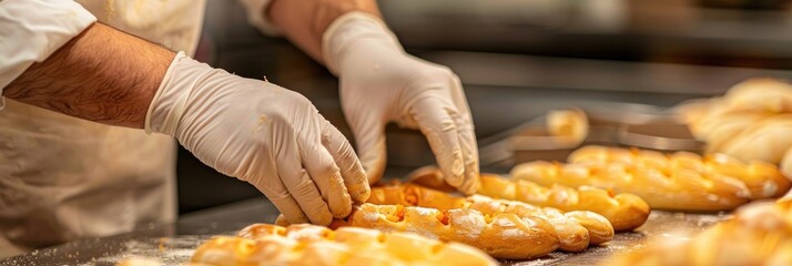 Baker working on chorizo-filled breadsticks in a bakery setting