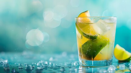 Wall Mural - fresh summer caipirinha cocktail on blue background