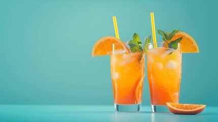 Wall Mural - Fresh summer orenge cocktail in glasses on blue background