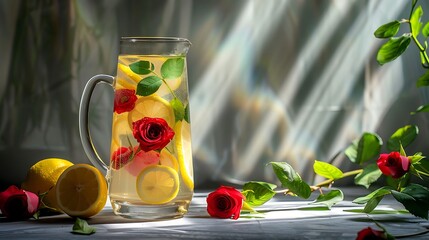 Wall Mural - Freshness beverage or lemonade with lemon and roses with sunny shadow on gray background