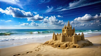 A sandy beach with a sandcastle overlooking the ocean and blue sky, summer, beach, vacation, sandcastle, ocean, sea, sky