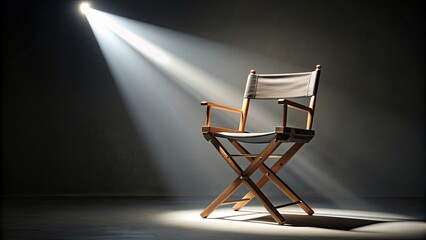 director's chair in a beam of light with backlight, symbolizing selection and casting, director, cha