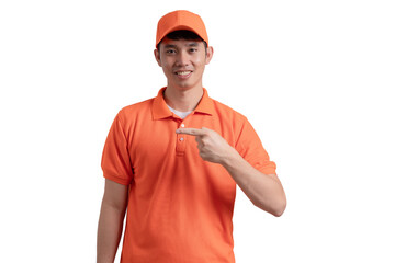 Sticker - A man in an orange shirt points to the camera