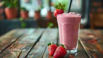 Glass with strawberry smoothie or milkshake on wooden table