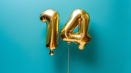 Wall Mural - Gold inflatable number 14 on a stick on a blue background