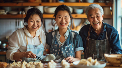 Chinese family members preparing dumplings together in a cozy kitchen, laughter and shared stories.