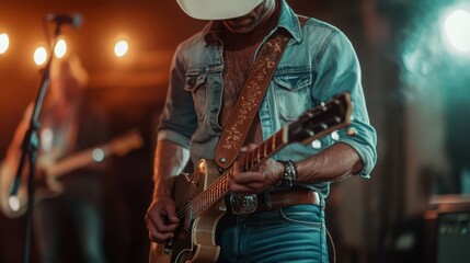 Poster - A country musician plays electric guitar while wearing a cowboy hat and denim in a cozy, dimly lit venue filled with warm light.