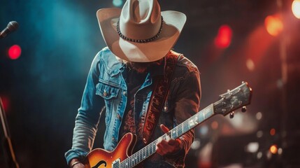 Poster - A country artist passionately plays guitar under colorful stage lights, wearing a cowboy hat and denim jacket, engaging with the audience during a live performance.
