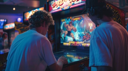 men playing on an arcade machine