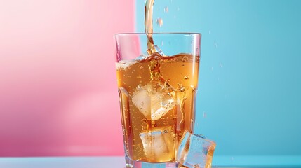 Wall Mural - Pouring cold tea over ice cubes in a glass minimalist on a blue table Ice tea isolated on a blue and pink background