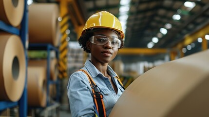 African american female engineer, paper factory worker wearing safety helmet in the automotive part warehouse. Factory workers check and control operate cardboard machines in paper manufacture.