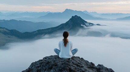 Wall Mural - woman on rocky hill overlooking misty mountains, dawn light low-angle shot, soft sunlight, wide-angl
