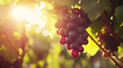 A close-up of a bunch of red grapes hanging from a vine, with the sun shining through the leaves.