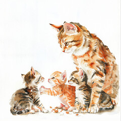 Mother Cat and Her Kittens Watercolor Painting