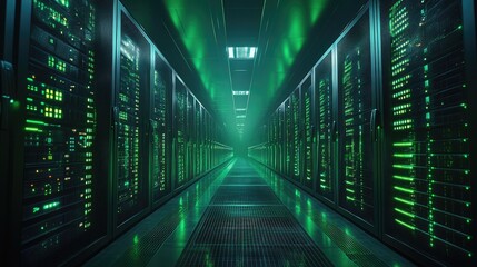 Wall Mural - Futuristic Data Center Corridor with Illuminated Servers and Green Lights